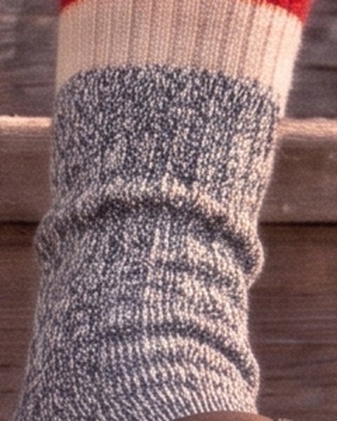 Close-up of a marled blue-grey sock leg with a chunky rib.