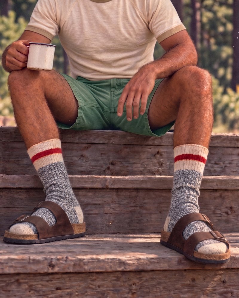 A man on cabin steps in a ringer tee and green shorts, wearing the striped socks with sandals.
